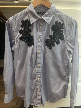 Ralph Lauren Navy and White Striped Button-Down Shirt with Black Appliqué Women